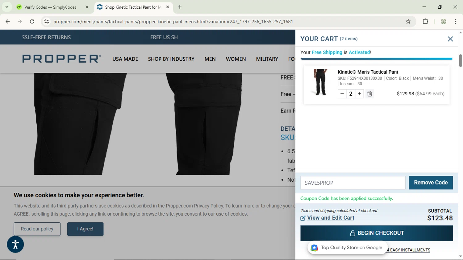 Propper checkout page showing Propper discount code box | Screenshot taken by SimplyCodes community member on Dec 1, 2025