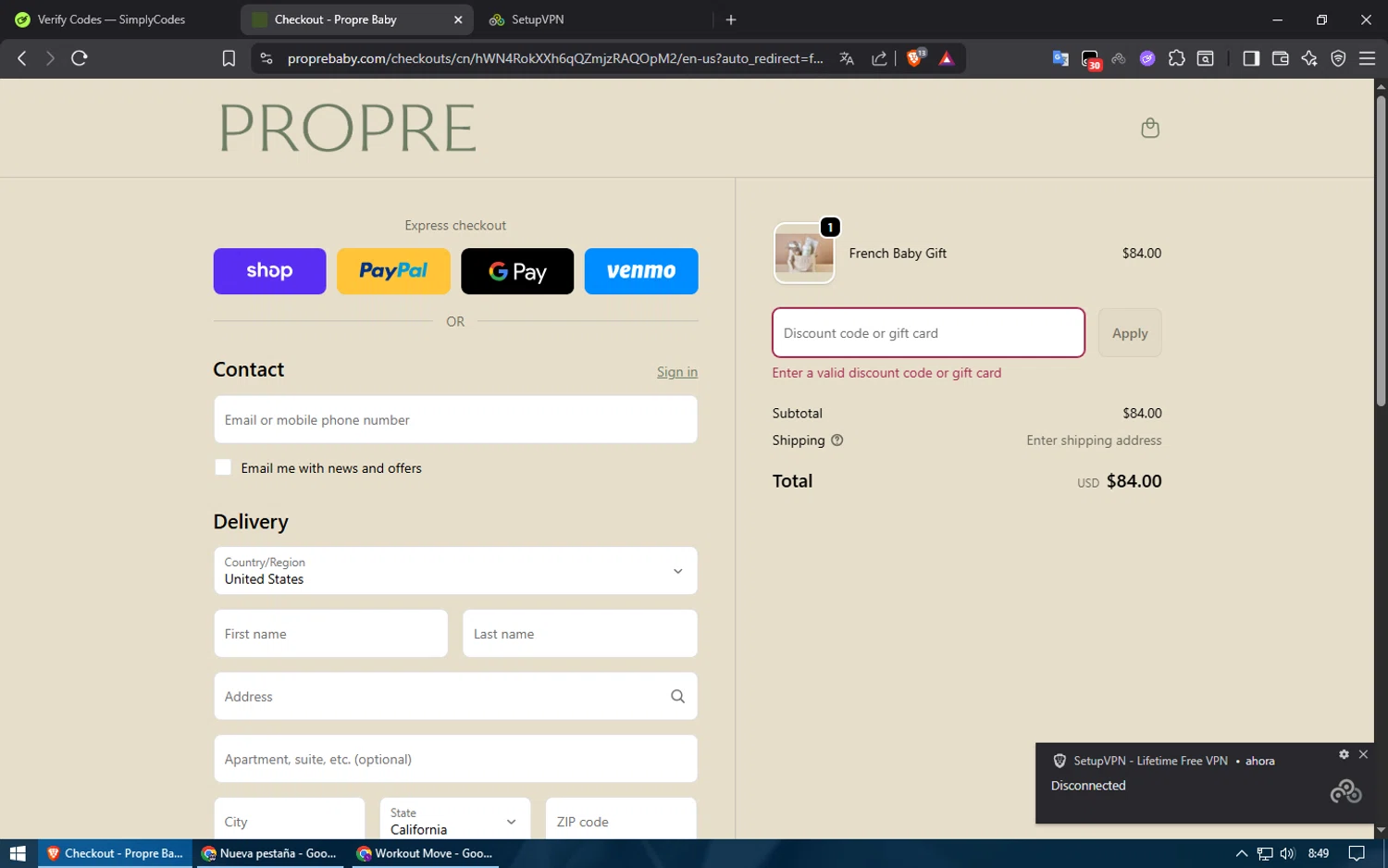 Propre Baby promo code screenshot showing code MOTHER15 applied at Propre Baby checkout page. Uploaded by SimplyCodes community member usuario500 on Oct 23, 2025