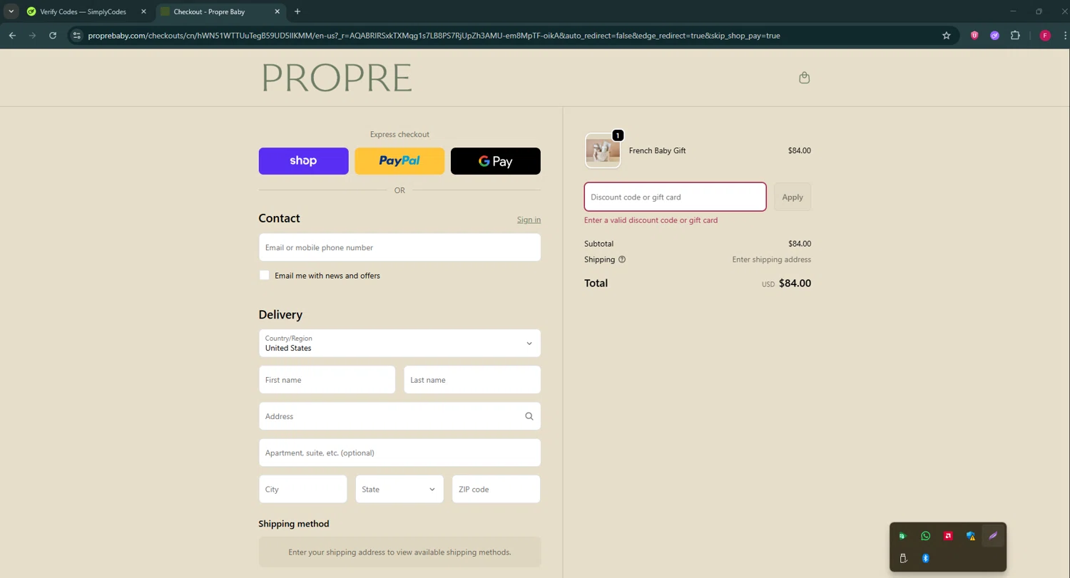 Propre Baby promo code screenshot showing code SAVE10 applied at Propre Baby checkout page. Uploaded by SimplyCodes community member ExtraordinaryVirtuoso281 on Nov 7, 2025