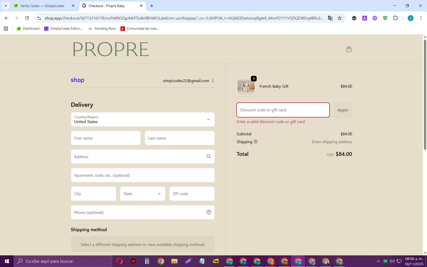 Propre Baby promo code screenshot showing code SIGNUPKSTGQWPZ applied at Propre Baby checkout page. Uploaded by SimplyCodes community member MagnificentCollector5368 on Nov 18, 2025