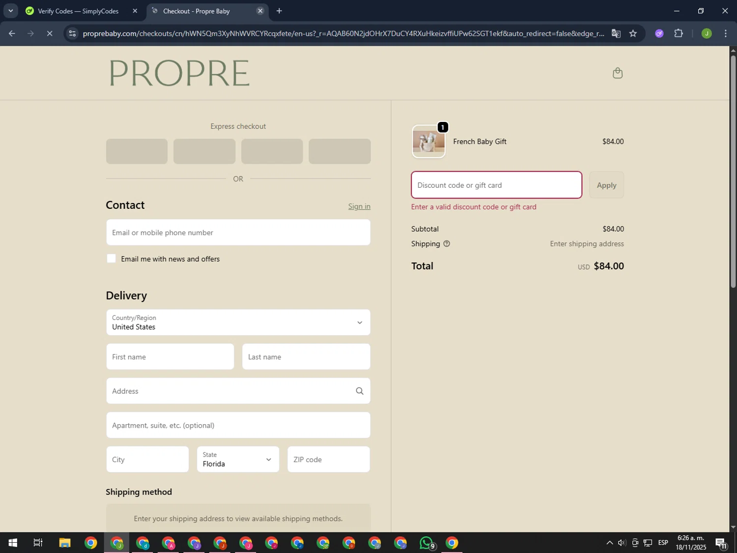 Propre Baby promo code screenshot showing code SIGNUPKSTGQWPZ applied at Propre Baby checkout page. Uploaded by SimplyCodes community member MightyFinder1041 on Nov 18, 2025