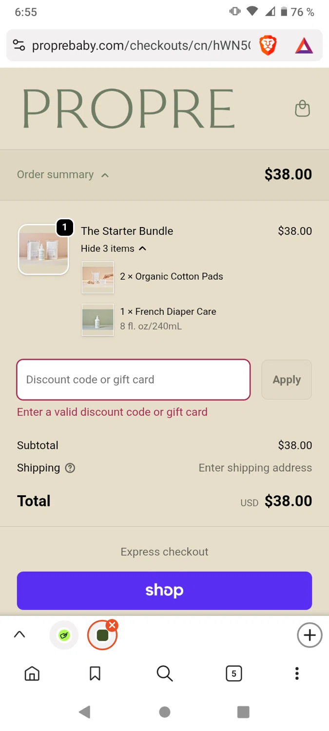 Propre Baby promo code screenshot showing code SIGNUPKSTGQWPZ applied at Propre Baby checkout page. Uploaded by SimplyCodes community member victor on Nov 18, 2025