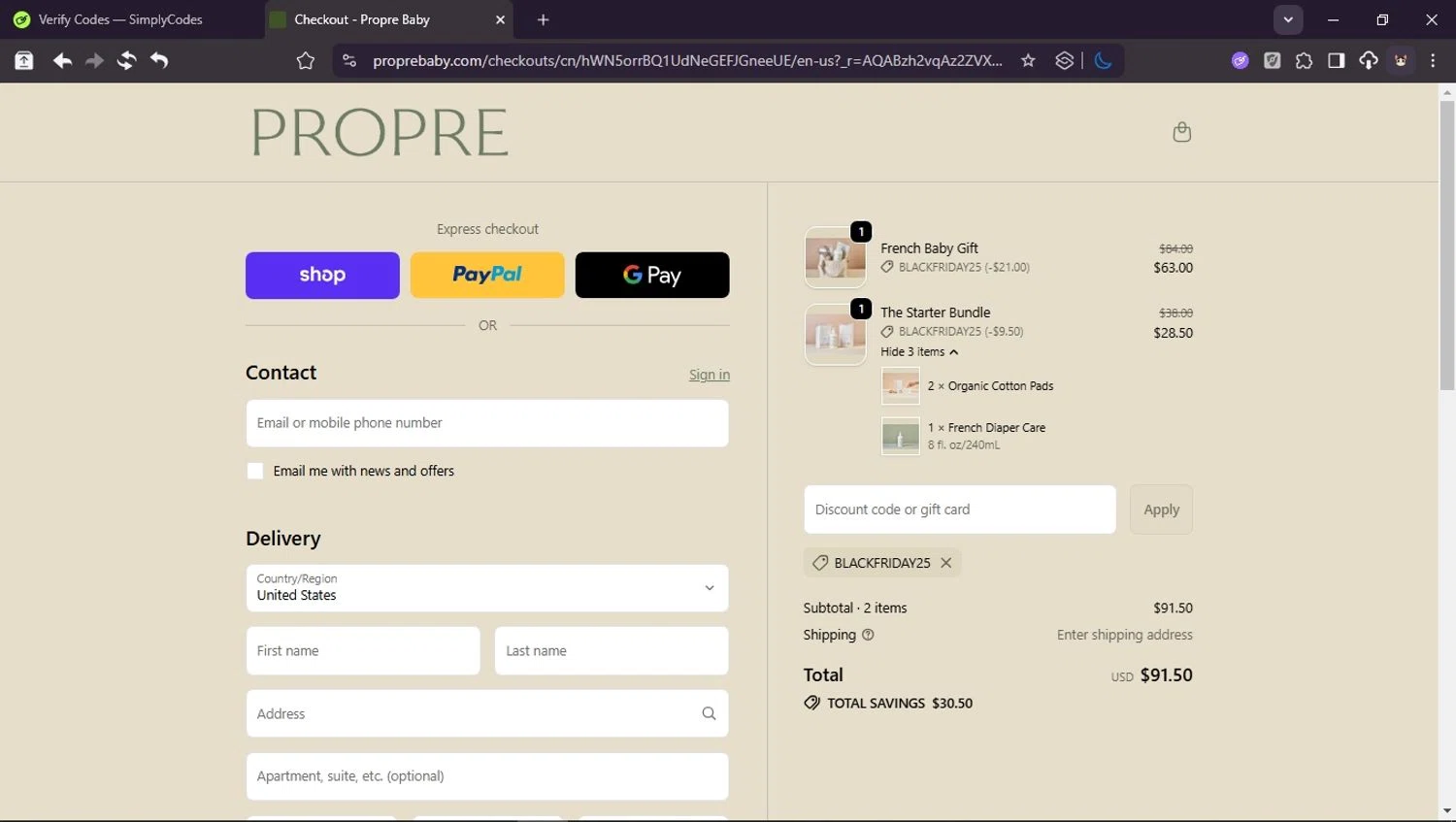 Propre Baby promo code screenshot showing code BLACKFRIDAY25 applied at Propre Baby checkout page. Uploaded by SimplyCodes community member Userr2 on Nov 28, 2025