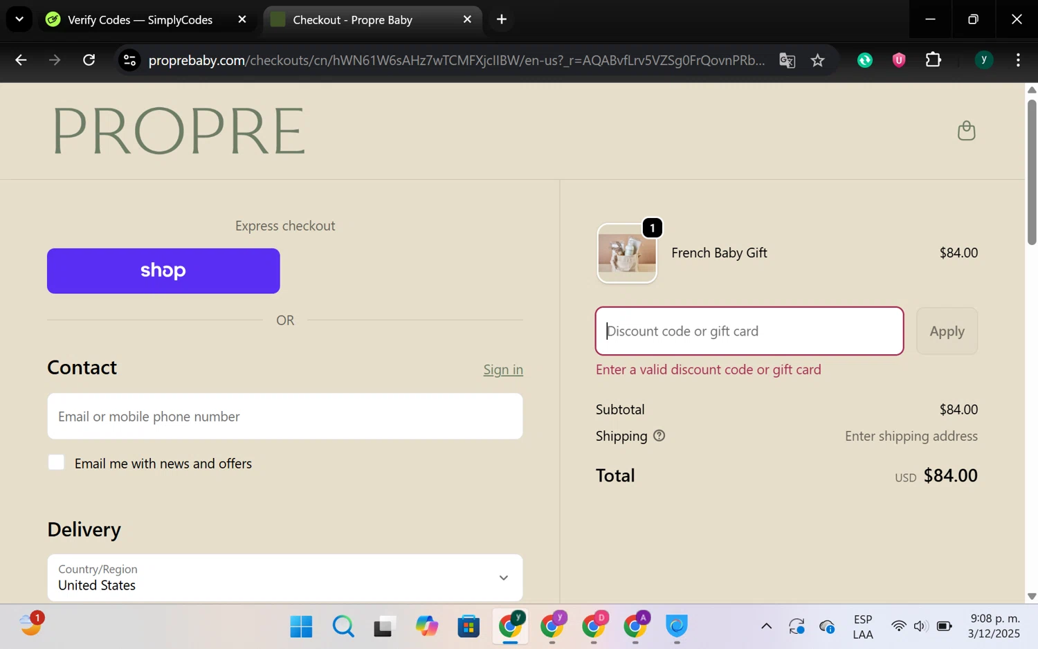 Propre Baby promo code screenshot showing code BLACKFRIDAY25 applied at Propre Baby checkout page. Uploaded by SimplyCodes community member chespi on Dec 4, 2025
