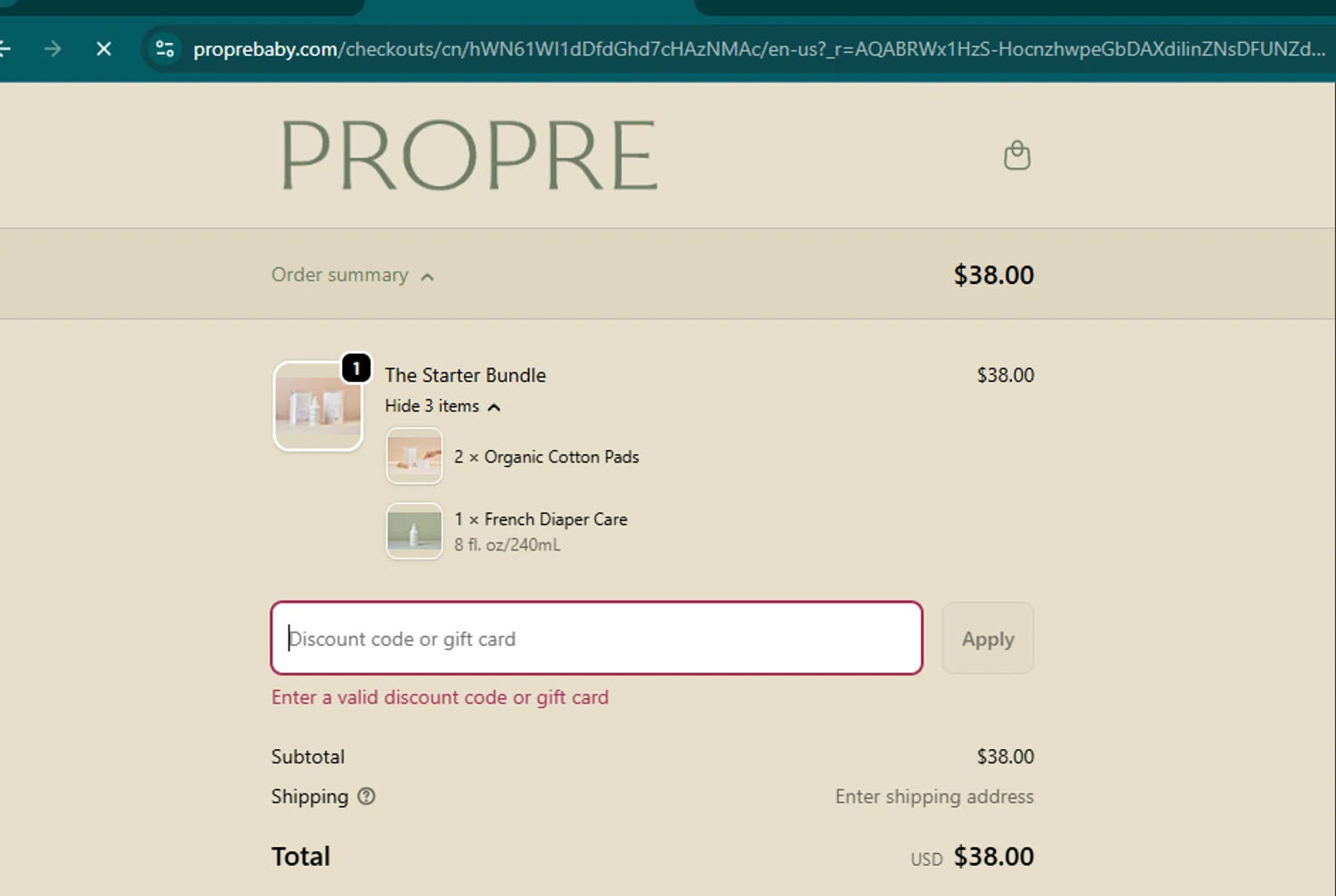 Propre Baby promo code screenshot showing code BLACKFRIDAY25 applied at Propre Baby checkout page. Uploaded by SimplyCodes community member samuelgomez2 on Dec 4, 2025
