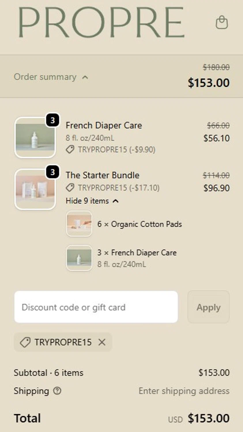 Propre Baby promo code screenshot showing code TRYPROPRE15 applied at Propre Baby checkout page. Uploaded by SimplyCodes community member RonaldoM32 on Dec 5, 2025