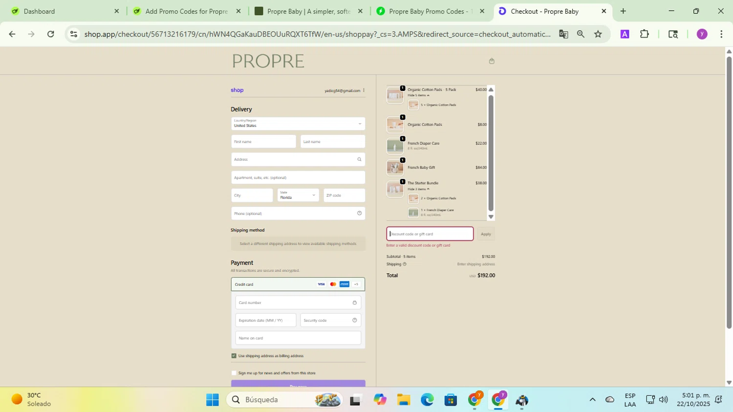 Propre Baby promo code screenshot showing code MOTHER15 applied at Propre Baby checkout page. Uploaded by SimplyCodes community member yadicg054 on Oct 22, 2025