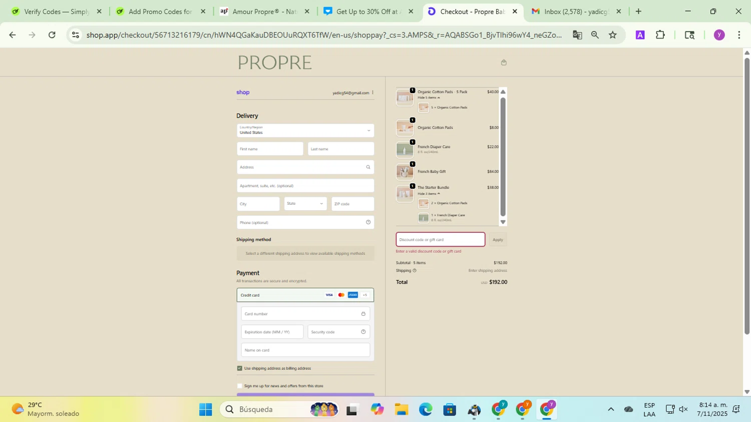 Propre Baby promo code screenshot showing code SAVE10 applied at Propre Baby checkout page. Uploaded by SimplyCodes community member yadicg054 on Nov 7, 2025
