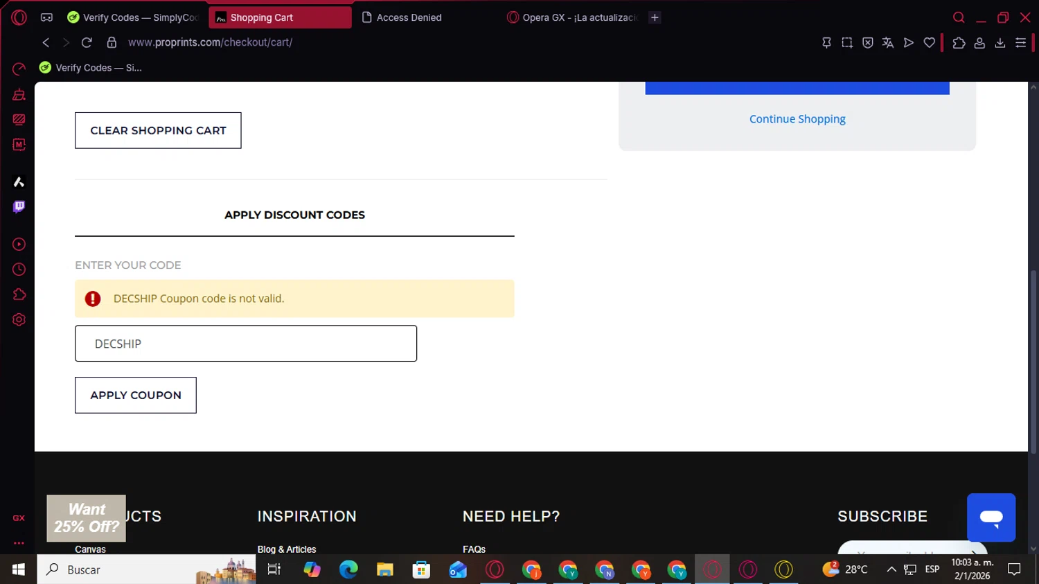 Pro Prints discount code screenshot showing code DECSHIP applied at Pro Prints checkout page. Uploaded by SimplyCodes community member Code_339264826 on Jan 2, 2026