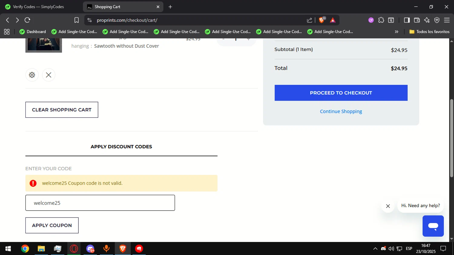 Pro Prints discount code screenshot showing code welcome25 applied at Pro Prints checkout page. Uploaded by SimplyCodes community member Ultrapapu on Oct 23, 2025