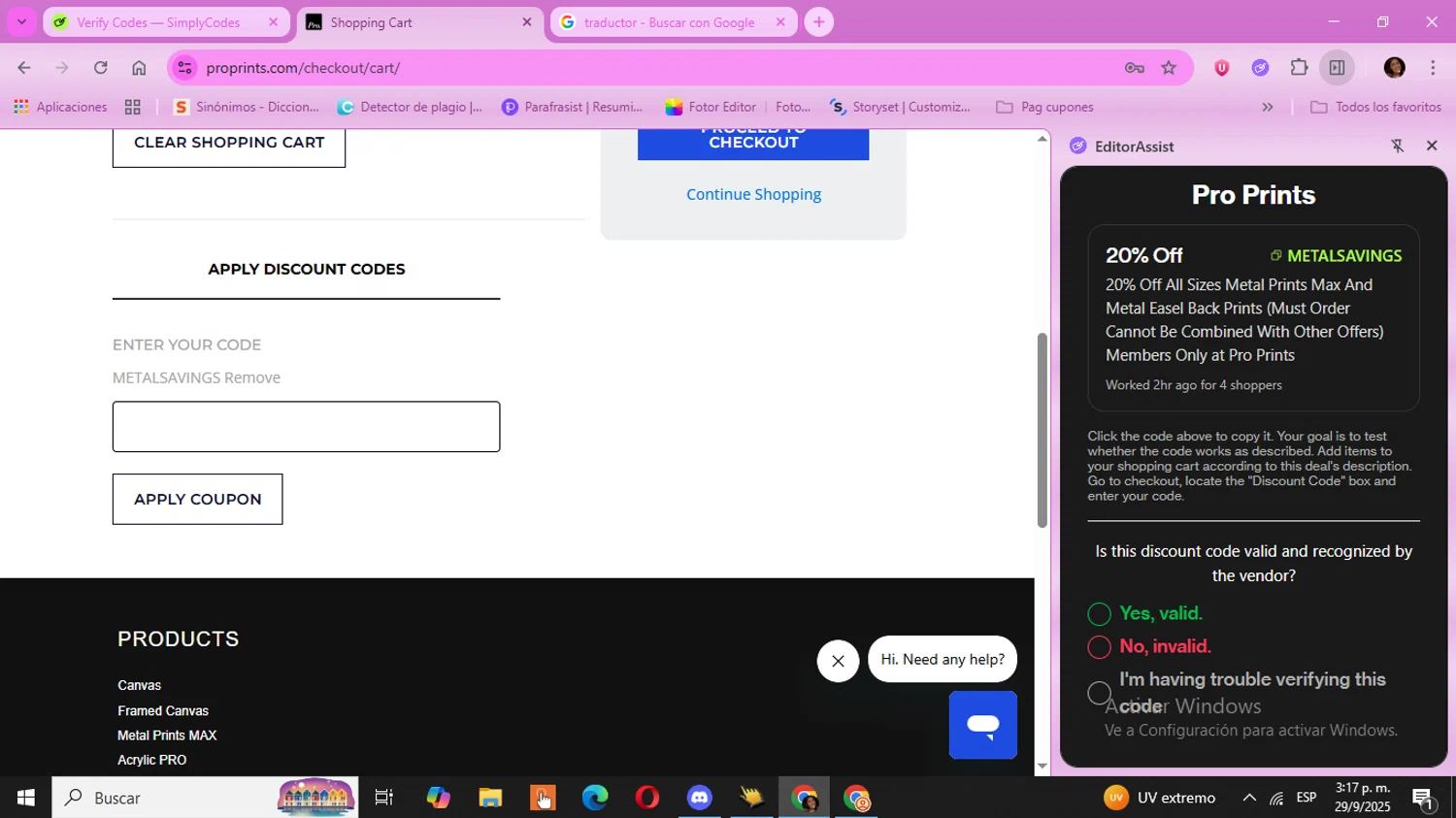 Pro Prints checkout page showing Pro Prints discount code box | Screenshot taken by SimplyCodes community member on Sep 29, 2025