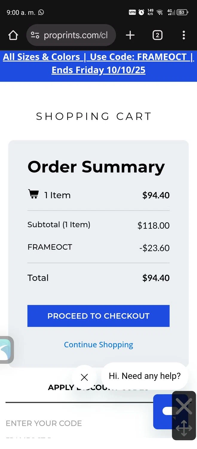 Pro Prints checkout page showing Pro Prints discount code box | Screenshot taken by SimplyCodes community member on Oct 6, 2025