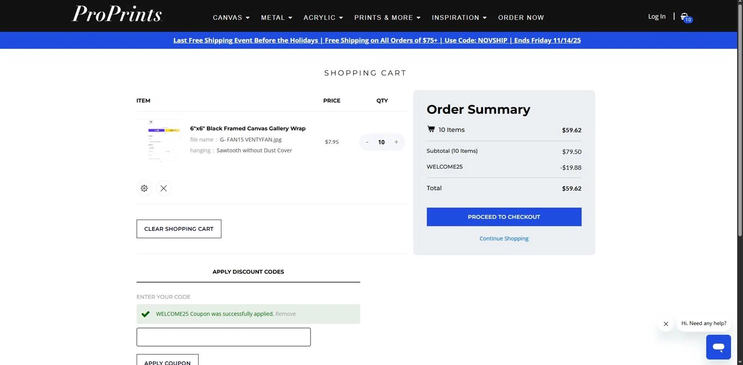 Pro Prints discount code screenshot showing code WELCOME25 applied at Pro Prints checkout page. Uploaded by SimplyCodes community member Depressive on Nov 12, 2025