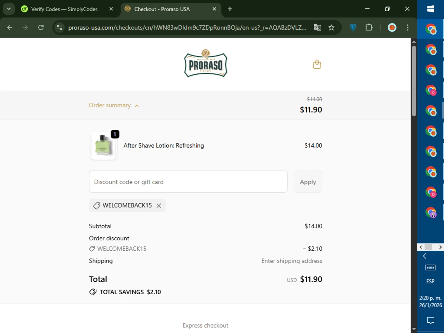 Proraso USA promo code screenshot showing code WELCOMEBACK15 applied at Proraso USA checkout page. Uploaded by SimplyCodes community member DealTiger9869 on Jan 26, 2026