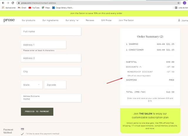 Prose Hair checkout page showing Prose Hair promo code box | Screenshot taken by SimplyCodes community member on Aug 3, 2021