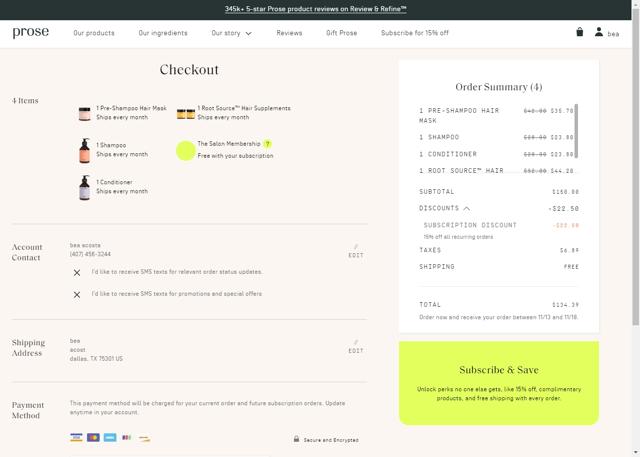 Prose Hair checkout page showing Prose Hair promo code box | Screenshot taken by SimplyCodes community member on Nov 8, 2022