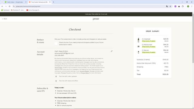 Prose Hair checkout page showing Prose Hair promo code box | Screenshot taken by SimplyCodes community member on Sep 7, 2024