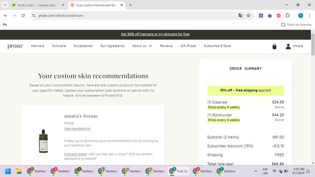 Prose Hair checkout page showing Prose Hair promo code box | Screenshot taken by SimplyCodes community member on Sep 7, 2024