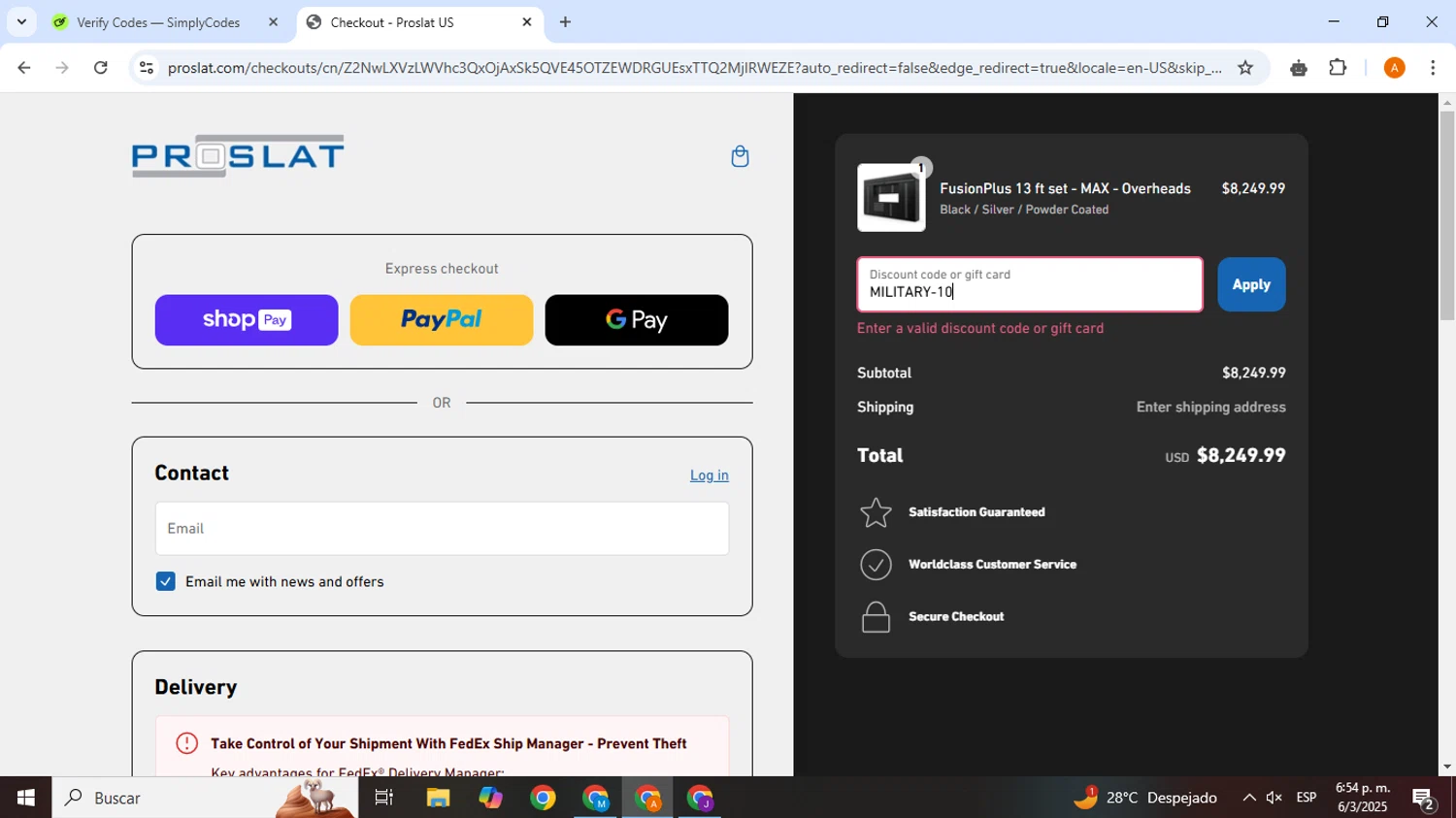 Proslat discount code screenshot showing code MILITARY-10 applied at Proslat checkout page. Uploaded by SimplyCodes community member SmartSaver1325 on Mar 6, 2025