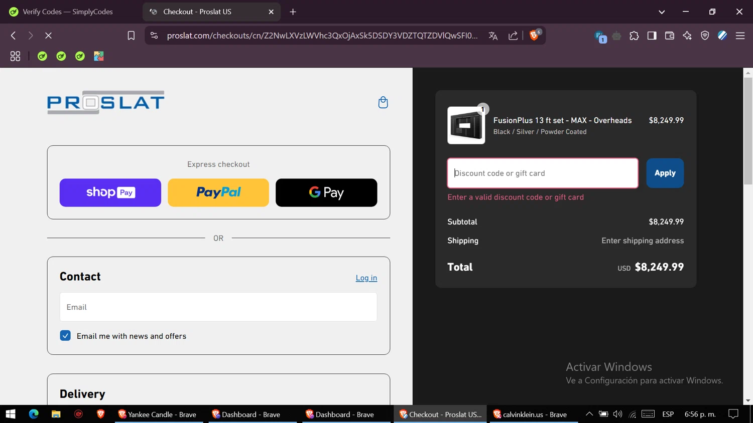 Proslat discount code screenshot showing code 10off applied at Proslat checkout page. Uploaded by SimplyCodes community member VictoriousSaver2809 on Mar 2, 2025