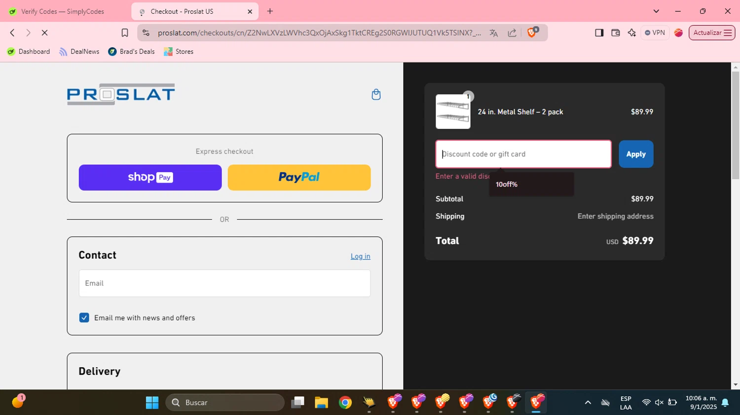 Proslat discount code screenshot showing code 10off applied at Proslat checkout page. Uploaded by SimplyCodes community member LuckyMonarch673 on Jan 9, 2025