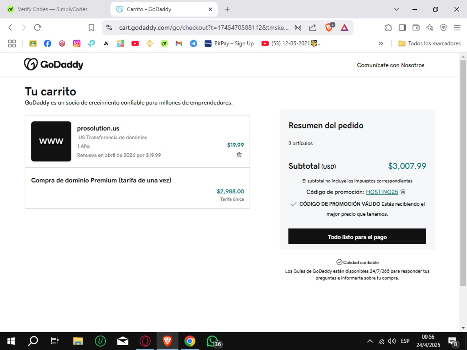 Prosolution Plus coupon code screenshot showing code HOSTING25 applied at Prosolution Plus checkout page. Uploaded by SimplyCodes community member Sungjinwoo on Apr 24, 2025