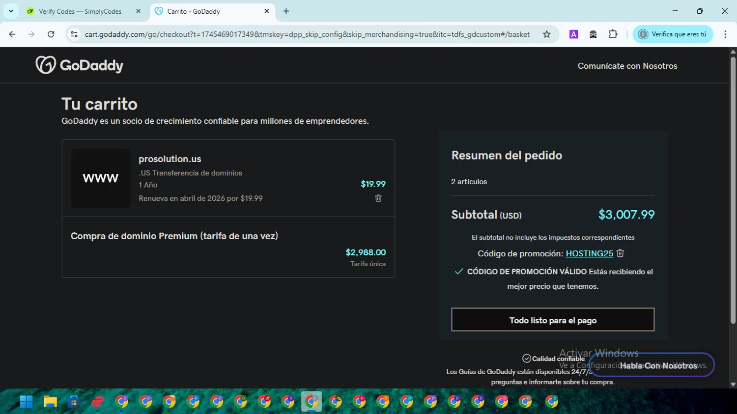 Prosolution Plus coupon code screenshot showing code HOSTING25 applied at Prosolution Plus checkout page. Uploaded by SimplyCodes community member ScanMaven5756 on Apr 24, 2025