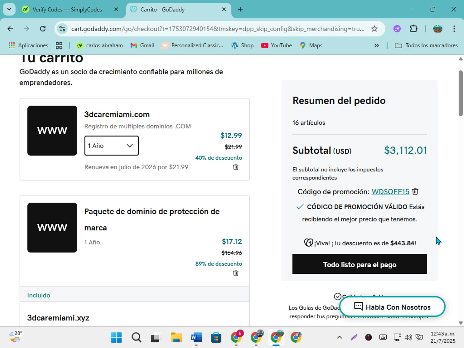 Prosolution Plus coupon code screenshot showing code WDSOFF15 applied at Prosolution Plus checkout page. Uploaded by SimplyCodes community member karolg on Jul 21, 2025