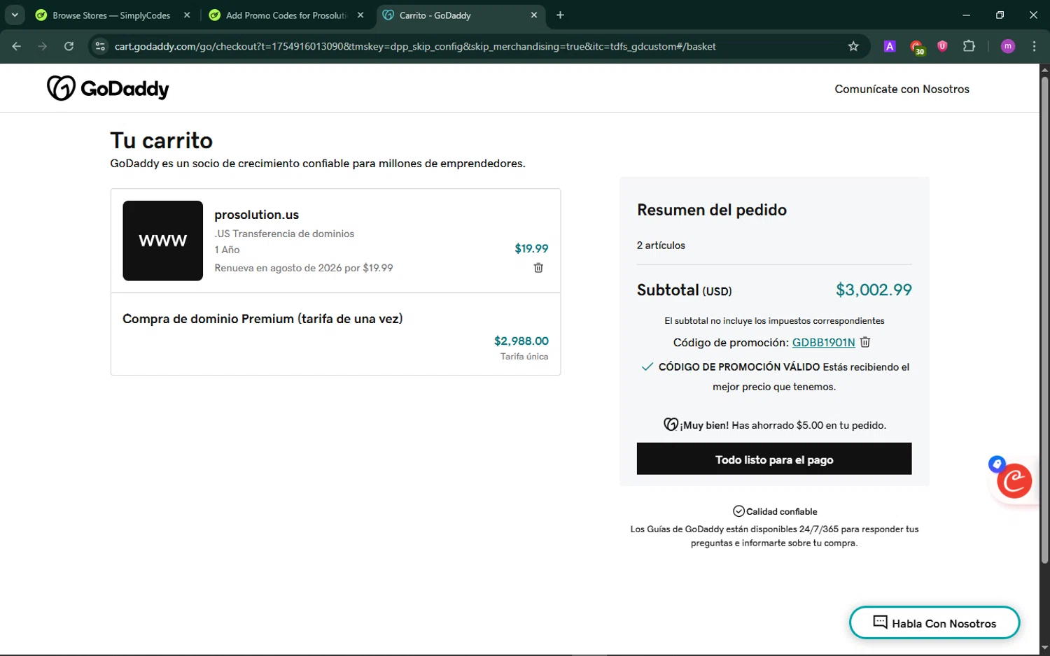Prosolution Plus coupon code screenshot showing code GDBB1901N applied at Prosolution Plus checkout page. Uploaded by SimplyCodes community member TokenChaser4876 on Aug 11, 2025