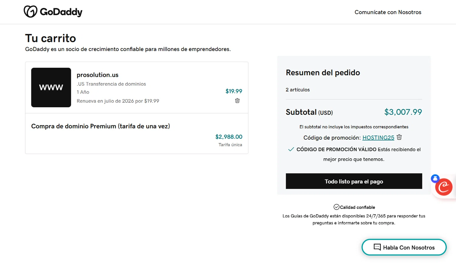 Prosolution Plus coupon code screenshot showing code HOSTING25 applied at Prosolution Plus checkout page. Uploaded by SimplyCodes community member marielysmorales on Jul 27, 2025