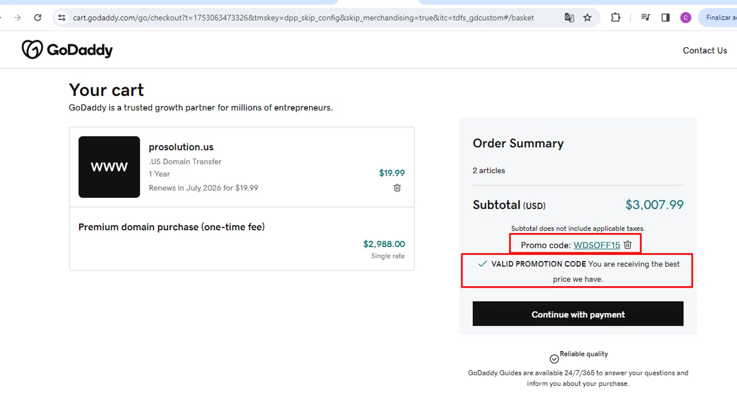 Prosolution Plus coupon code screenshot showing code WDSOFF15 applied at Prosolution Plus checkout page. Uploaded by SimplyCodes community member nileskamarcano on Jul 21, 2025