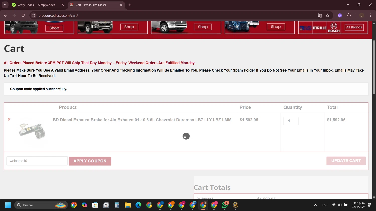 ProSource Diesel checkout page showing ProSource Diesel discount code box | Screenshot taken by SimplyCodes community member on Apr 22, 2025