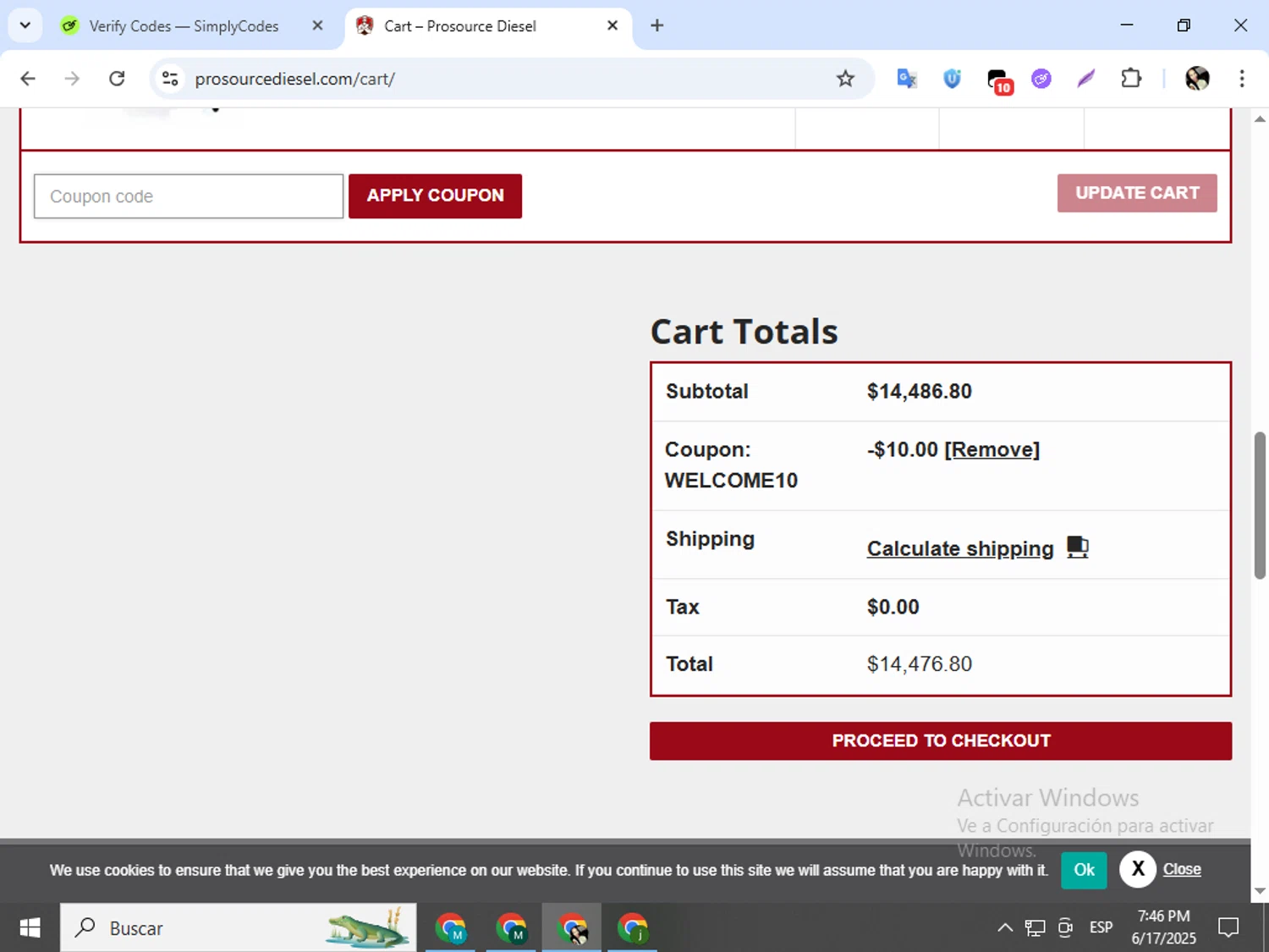 ProSource Diesel discount code screenshot showing code welcome10 applied at ProSource Diesel checkout page. Uploaded by SimplyCodes community member mariapolancog on Jun 17, 2025