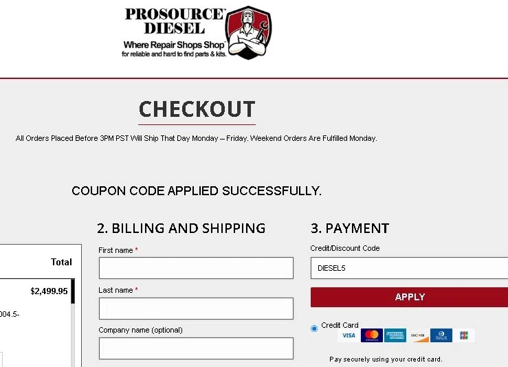 ProSource Diesel checkout page showing ProSource Diesel discount code box | Screenshot taken by SimplyCodes community member on Jul 4, 2023