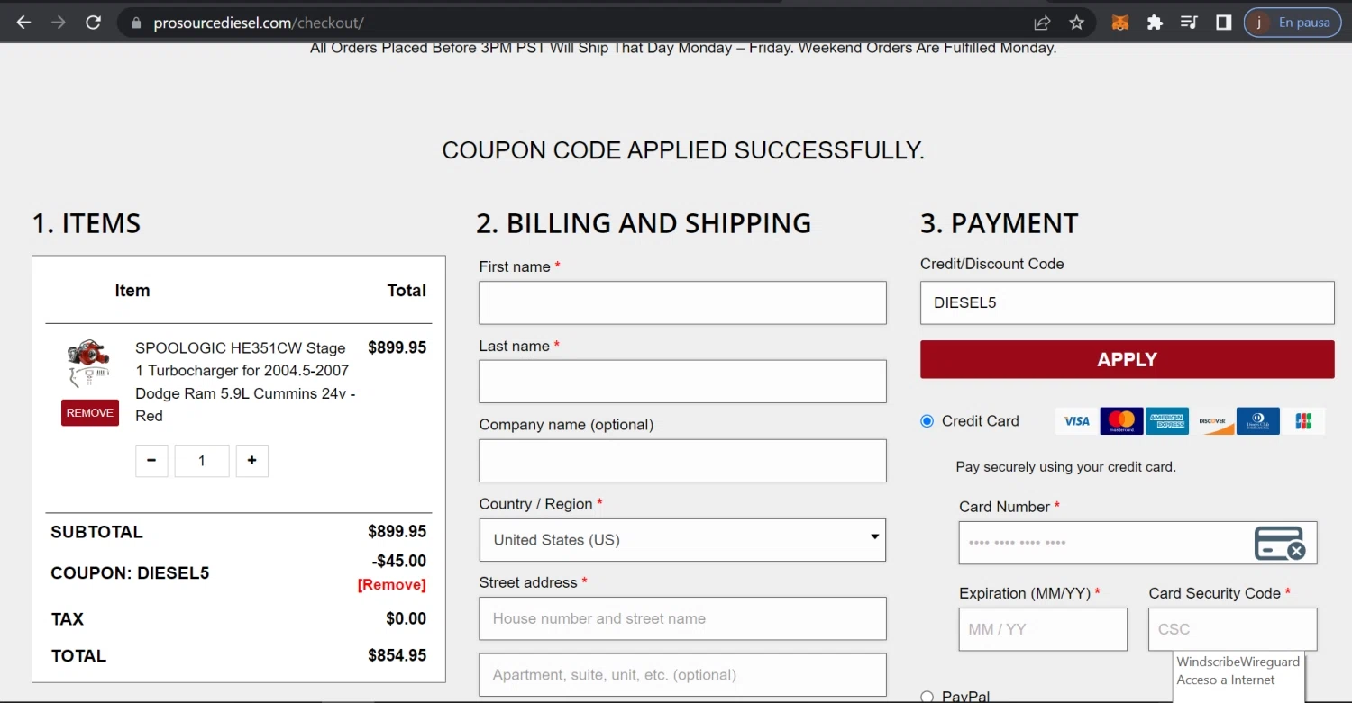 ProSource Diesel checkout page showing ProSource Diesel discount code box | Screenshot taken by SimplyCodes community member on Jun 5, 2023