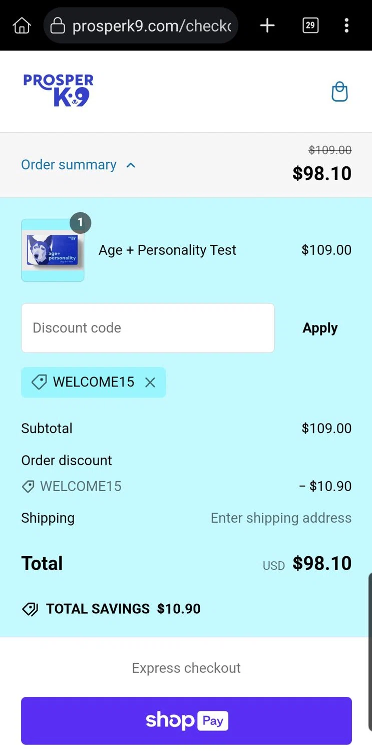 ProsperK9 promo code screenshot showing code WELCOME15 applied at ProsperK9 checkout page. Uploaded by SimplyCodes community member Carloslvz on Jan 19, 2025