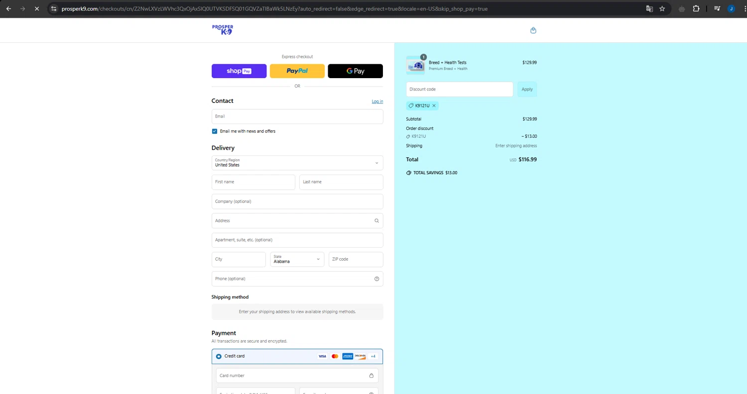 ProsperK9 promo code screenshot showing code k9121u applied at ProsperK9 checkout page. Uploaded by SimplyCodes community member LegendarySage5106 on May 1, 2025