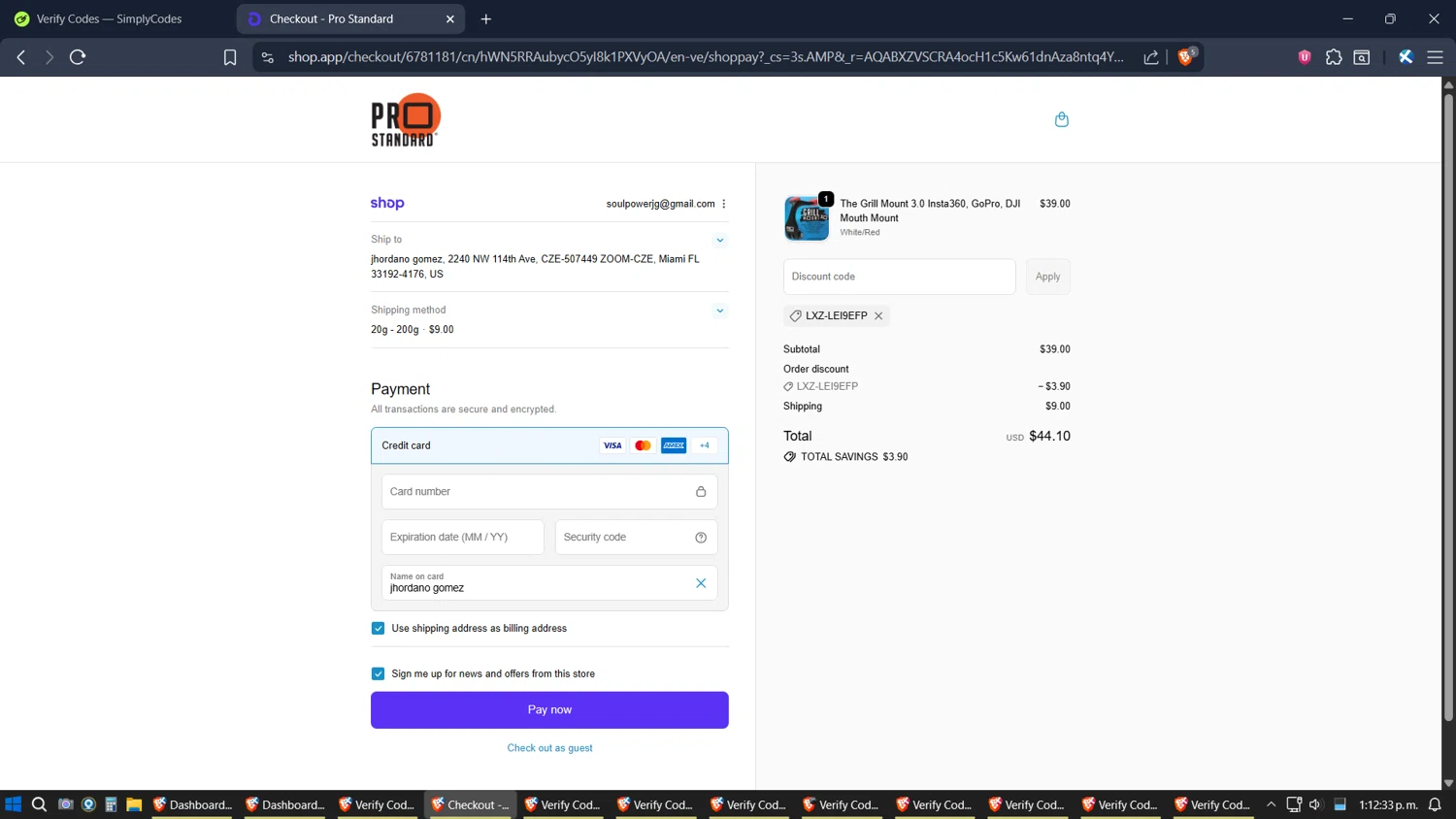 Pro Standard coupon code screenshot showing code LXZ-LEI9EFP applied at Pro Standard checkout page. Uploaded by SimplyCodes community member ZoilaPerrita on Nov 18, 2025