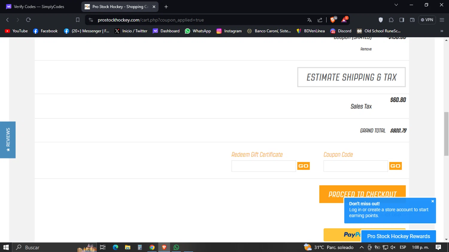 Pro Stock Hockey checkout page showing Pro Stock Hockey coupon code box | Screenshot taken by SimplyCodes community member on Feb 3, 2024