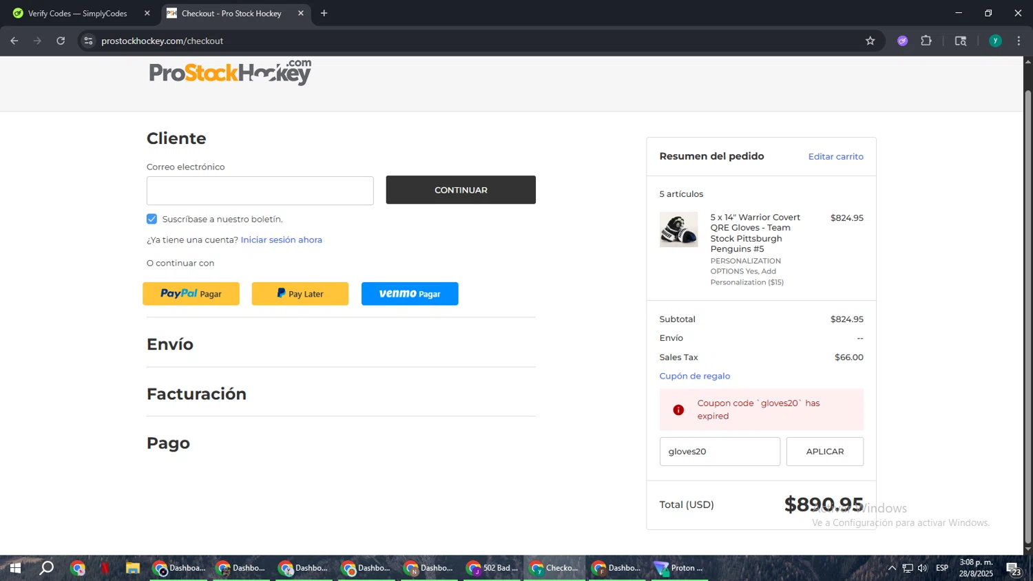 Pro Stock Hockey coupon code screenshot showing code gloves20 applied at Pro Stock Hockey checkout page. Uploaded by SimplyCodes community member FrugalCaptain6906 on Aug 28, 2025