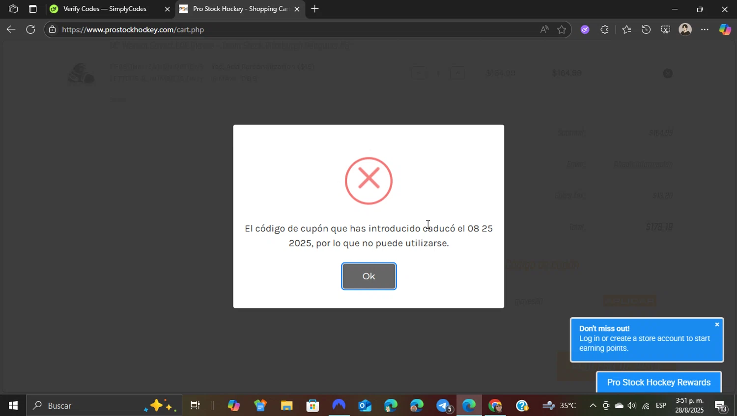 Pro Stock Hockey coupon code screenshot showing code gloves20 applied at Pro Stock Hockey checkout page. Uploaded by SimplyCodes community member WonderKnight7884 on Aug 28, 2025