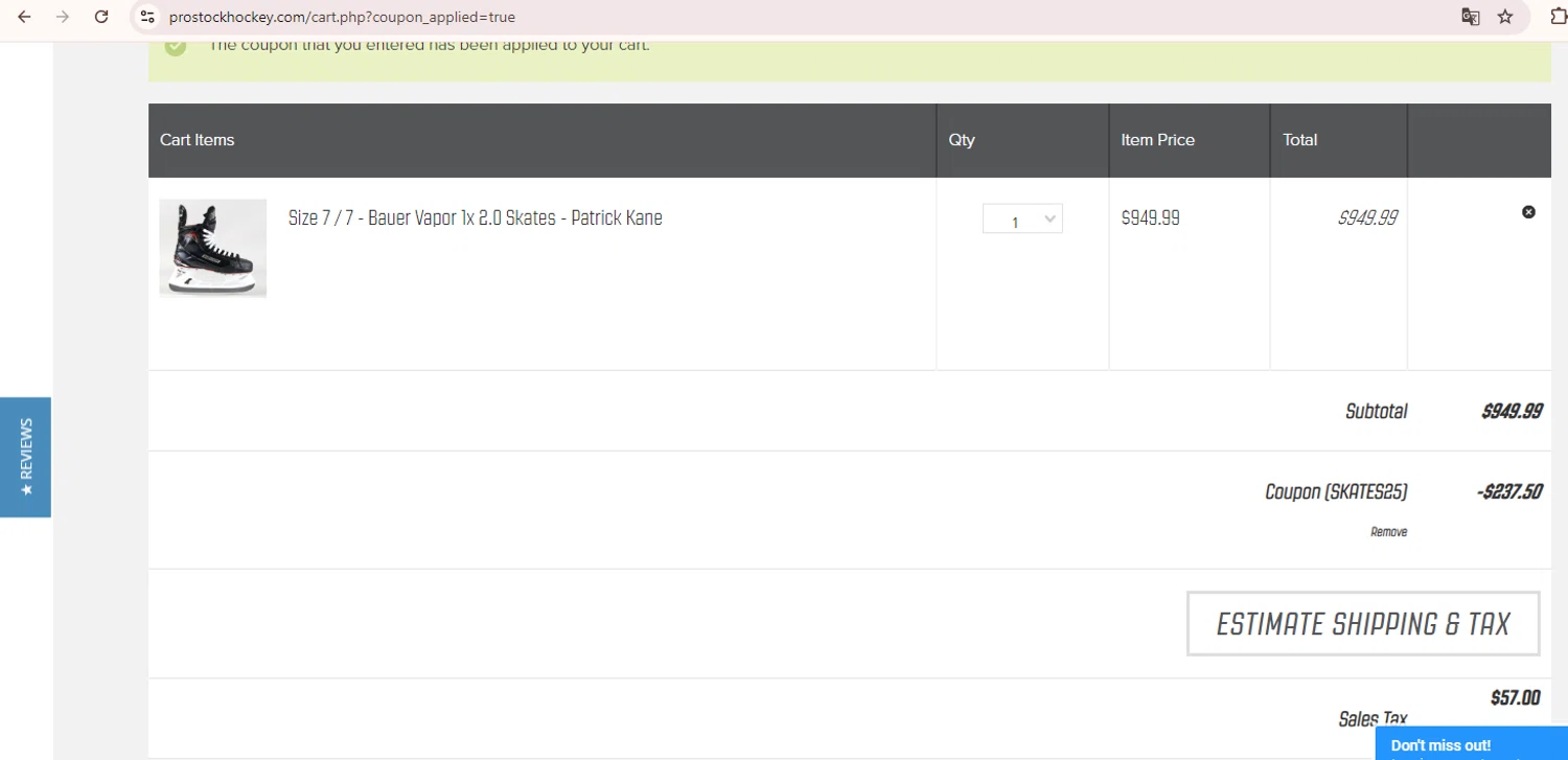 Pro Stock Hockey checkout page showing Pro Stock Hockey coupon code box | Screenshot taken by SimplyCodes community member on Sep 2, 2024