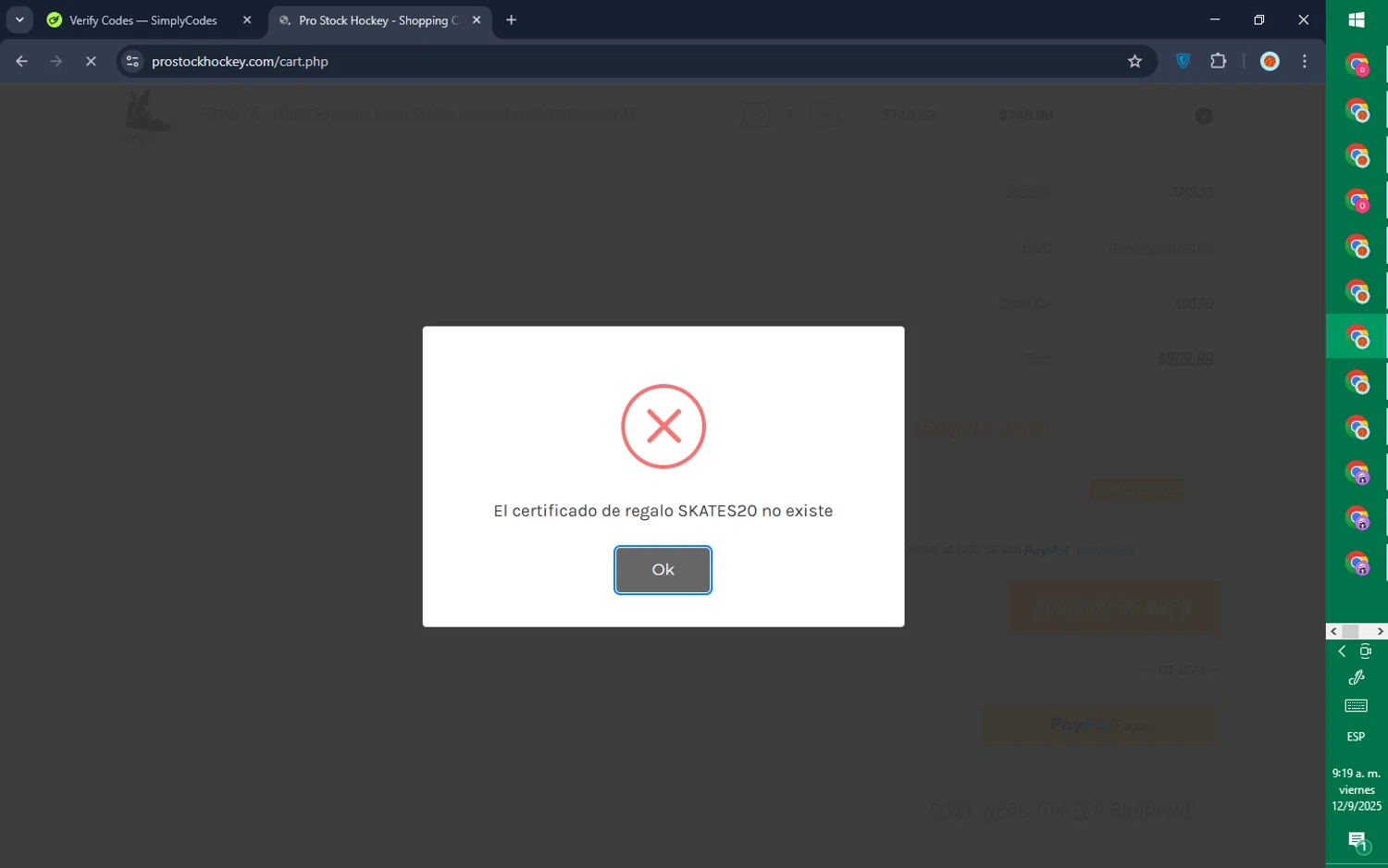 Pro Stock Hockey coupon code screenshot showing code SKATES20 applied at Pro Stock Hockey checkout page. Uploaded by SimplyCodes community member GoldPilot5958 on Sep 12, 2025
