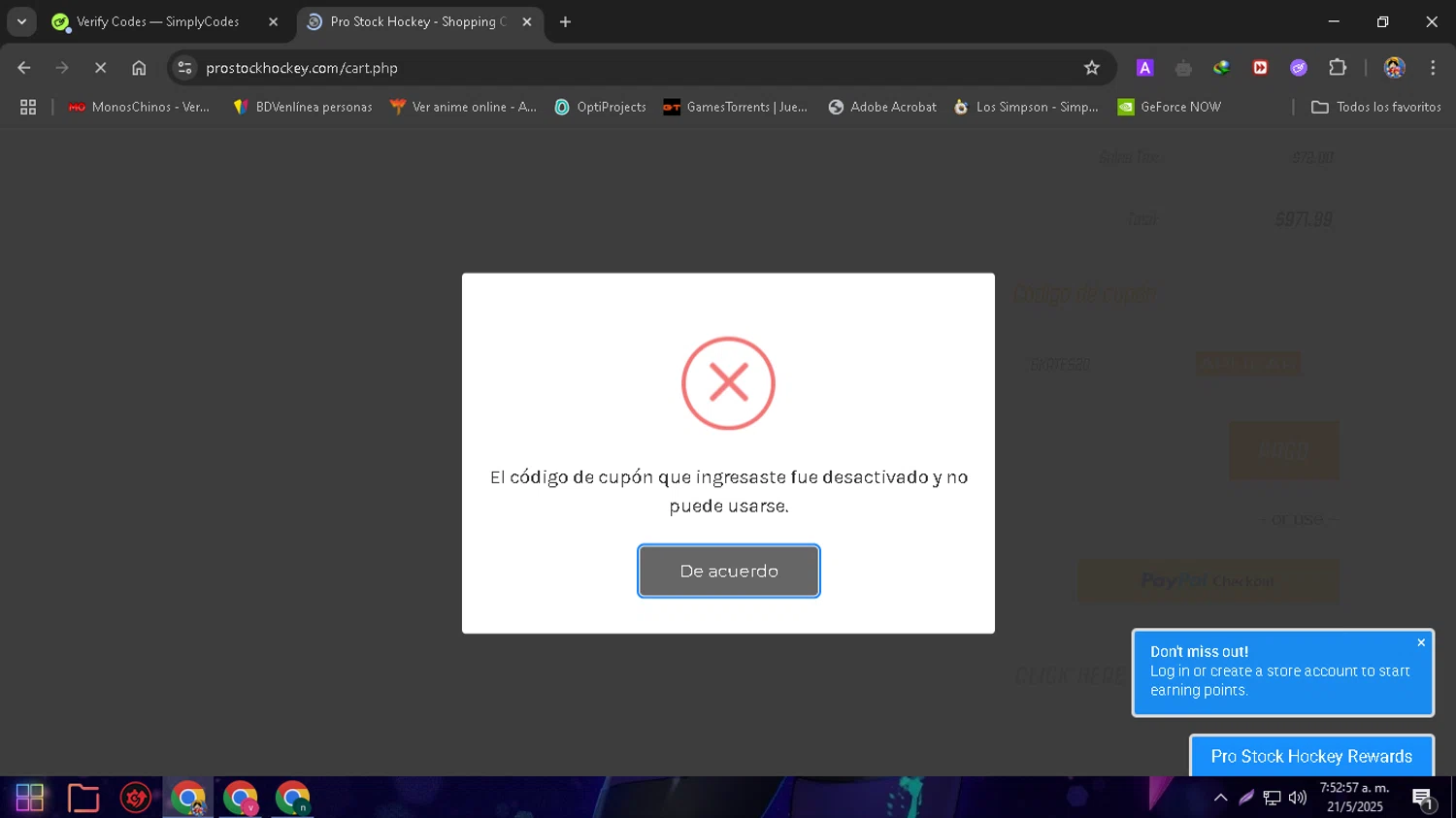 Pro Stock Hockey coupon code screenshot showing code SKATES20 applied at Pro Stock Hockey checkout page. Uploaded by SimplyCodes community member ThriftyTitan4052 on May 21, 2025