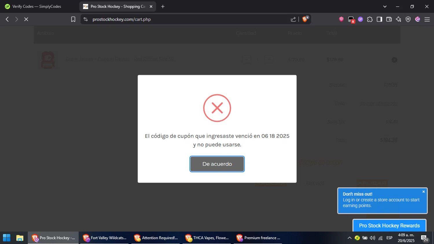 Pro Stock Hockey coupon code screenshot showing code JERSEYS30 applied at Pro Stock Hockey checkout page. Uploaded by SimplyCodes community member RebateCaptain6440 on Jun 20, 2025