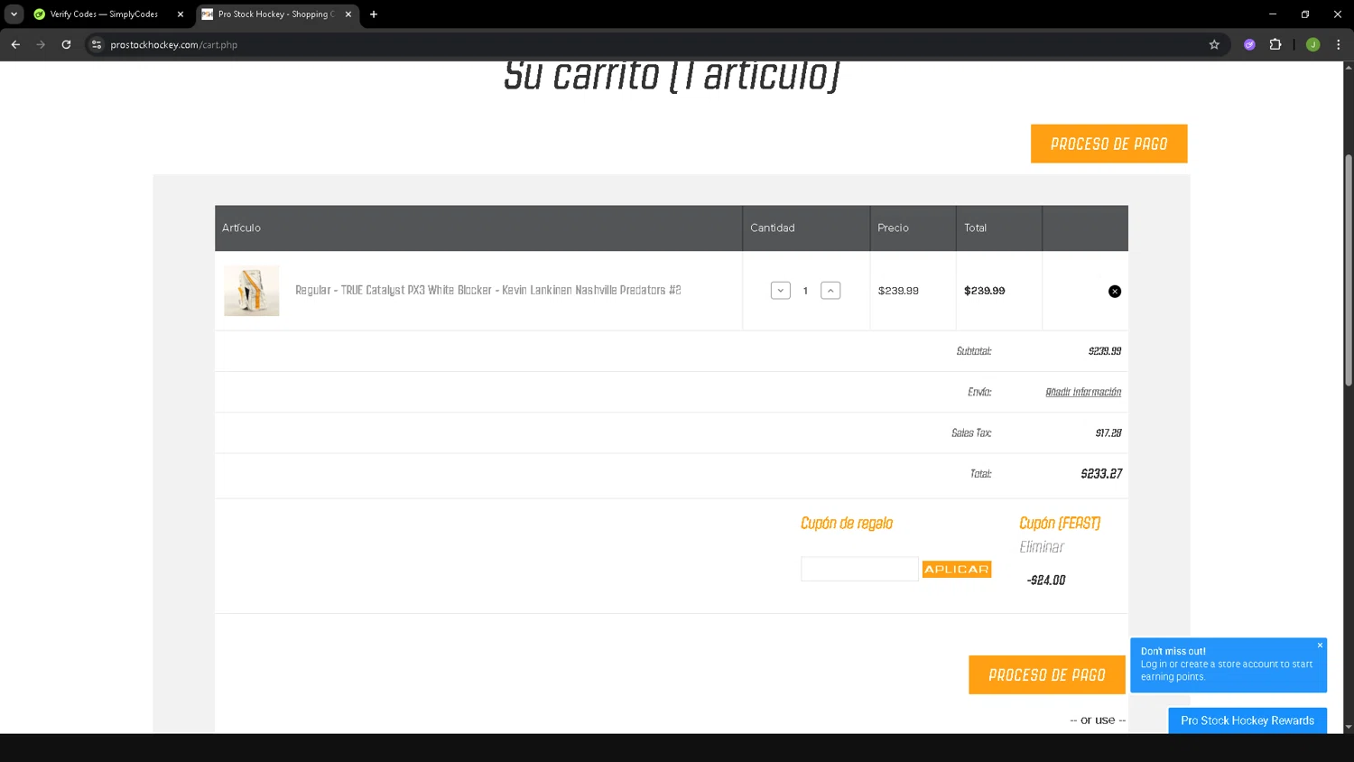 Pro Stock Hockey coupon code screenshot showing code FEAST applied at Pro Stock Hockey checkout page. Uploaded by SimplyCodes community member SAIKOO on Nov 27, 2025