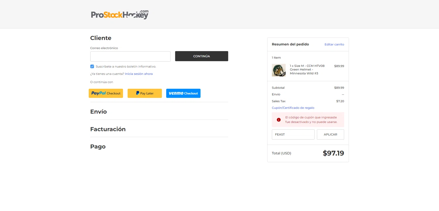 Pro Stock Hockey coupon code screenshot showing code FEAST applied at Pro Stock Hockey checkout page. Uploaded by SimplyCodes community member ValiantAce1810 on Dec 17, 2025