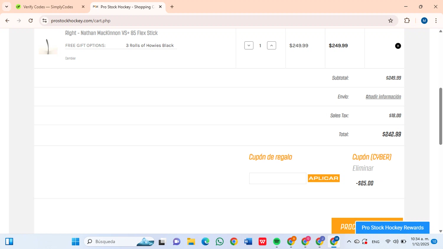 Pro Stock Hockey coupon code screenshot showing code CYBER applied at Pro Stock Hockey checkout page. Uploaded by SimplyCodes community member BrilliantLion8135 on Dec 1, 2025