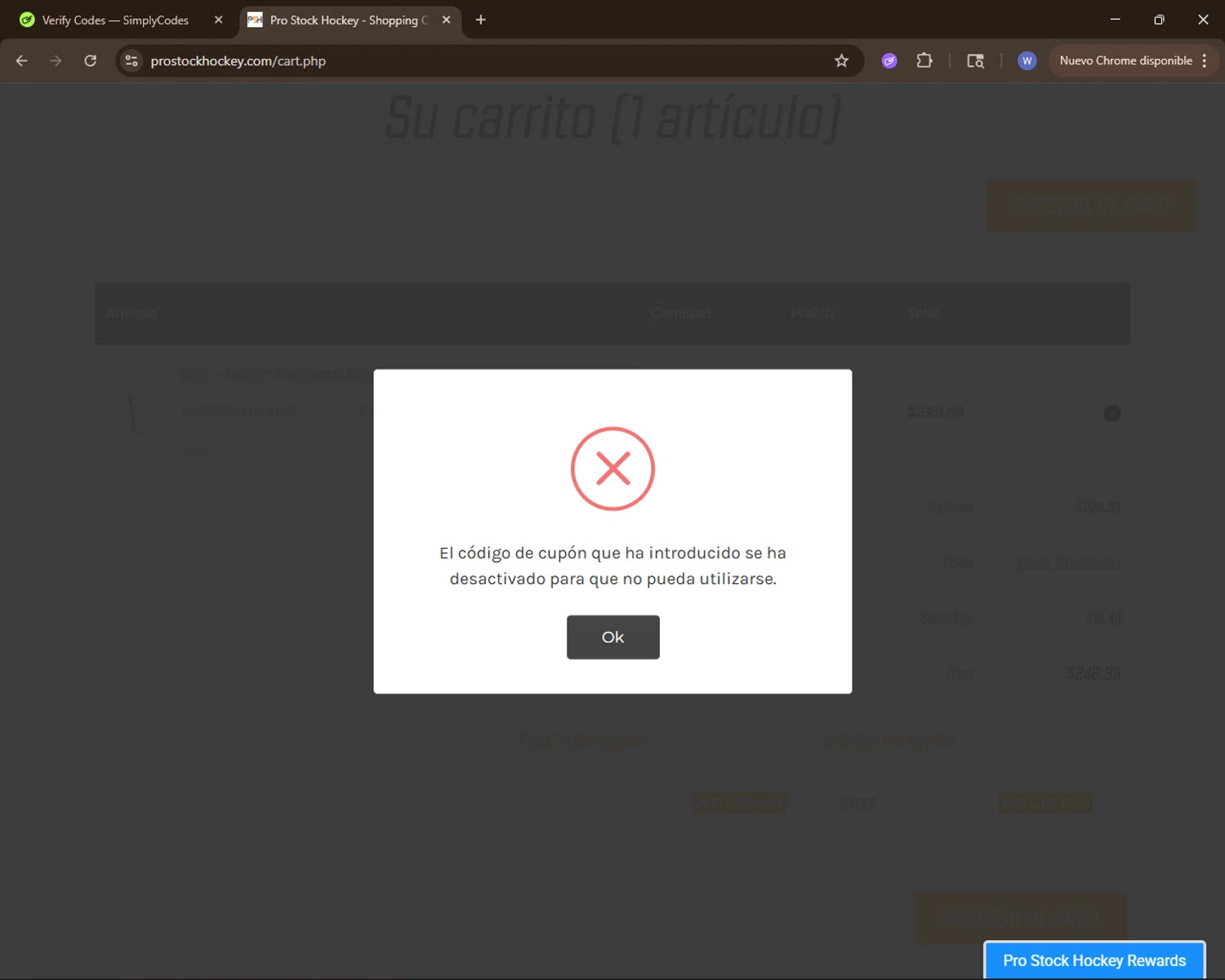 Pro Stock Hockey coupon code screenshot showing code CYBER applied at Pro Stock Hockey checkout page. Uploaded by SimplyCodes community member VoucherElite7352 on Dec 16, 2025