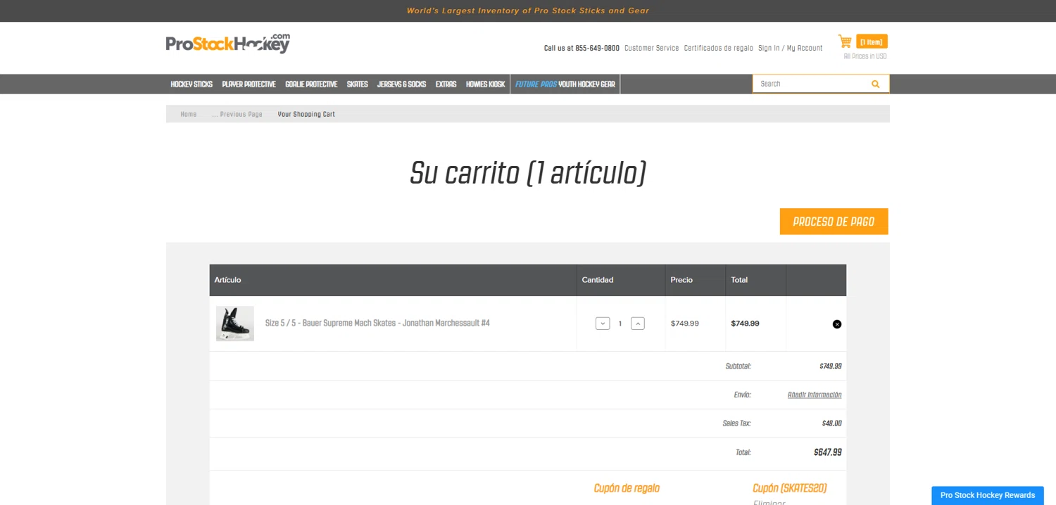 Pro Stock Hockey coupon code screenshot showing code SKATES20 applied at Pro Stock Hockey checkout page. Uploaded by SimplyCodes community member Dorothy on Aug 14, 2025